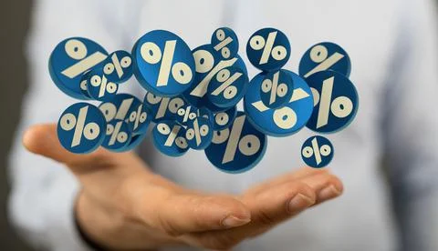 Person presenting 3D render of exploding discount cubes with percent symbols Stock Photos
