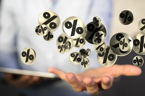 Person presenting 3D render of exploding discount cubes with percent symbols Stockfoto's