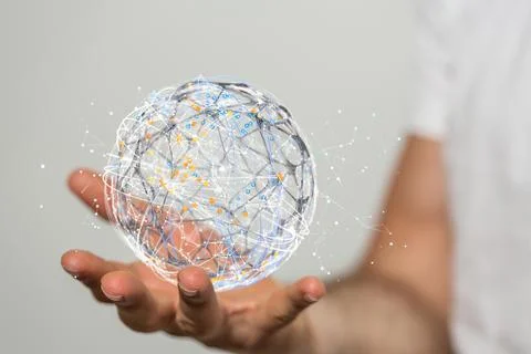 Person presenting a 3D render of global digital connections with technology Foto stock