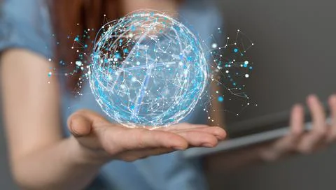 Person presenting a 3D render of global digital connections with technology Stock Photos