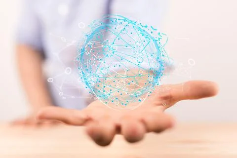 Person presenting a 3D render of global digital connections with technology Stock Photos