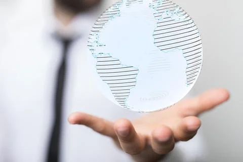 Person presenting a 3D render of the globe 写真素材