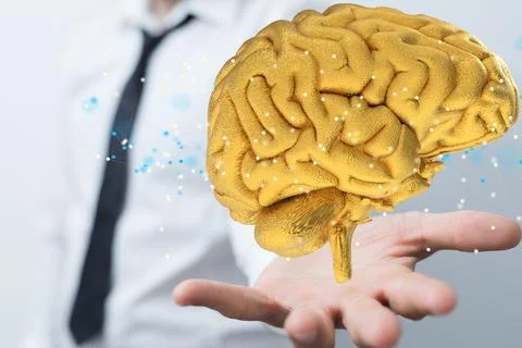 A person presenting a 3D render of human brain - IQ testing and artificial in Stock Photos