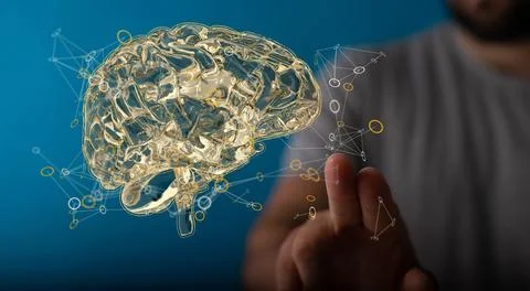 A person presenting a 3D render of human brain - IQ testing and artificial in 스톡 사진