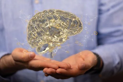 A person presenting a 3D render of human brain - IQ testing and artificial in 스톡 사진