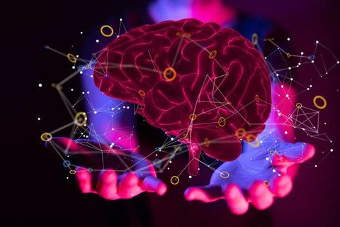 A person presenting a 3D render of human brain - IQ testing and artificial in Foto stock
