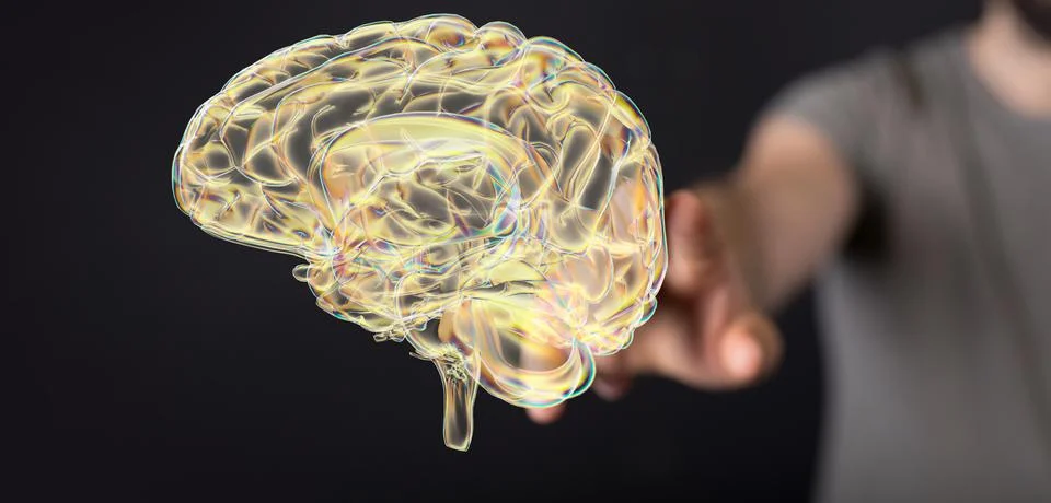 A person presenting a 3D render of human brain - IQ testing and artificial in Foto stock
