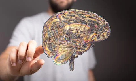 A person presenting a 3D render of human brain - IQ testing and artificial in Stock Photos