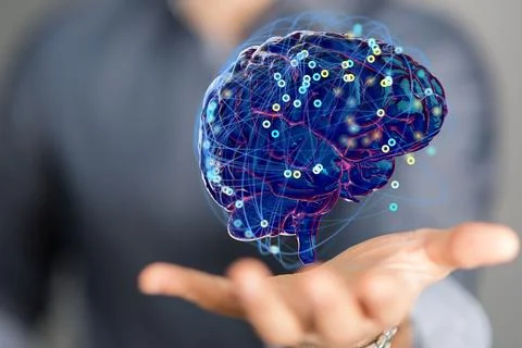 Person presenting a 3D render of human brain - IQ testing and artificial intelli Foto stock