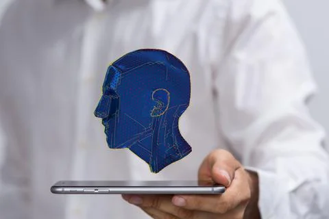 Person presenting the 3D render of a human head with network plexus structure co Stock Photos