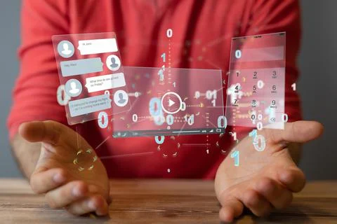 Person presenting a 3D render of interface web application 库存照片