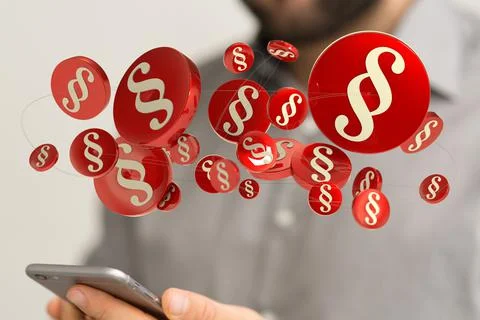 Person presenting 3D render of law and justice symbols Illustrazione stock