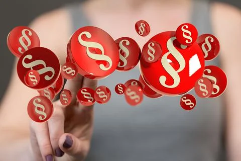 Person presenting 3D render of law and justice symbols 스톡 사진