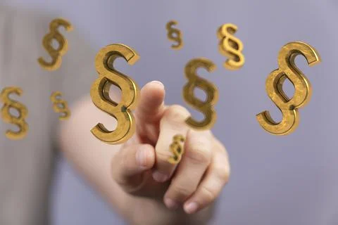 Person presenting 3D render of law and justice symbols 스톡 사진