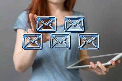 Person presenting a 3D render of Mail Communication icons Foto stock