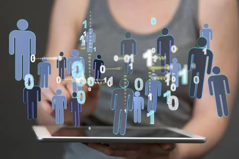Person presenting a 3D render of modern computer show social network Foto stock