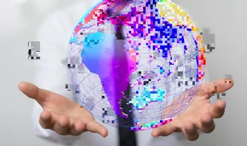 Person presenting a 3D render of a network digital system Stock Illustration