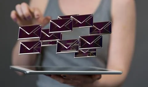 Person presenting a 3D render of network Communications with email symbols Foto stock