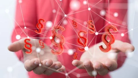 A person presenting the 3D render of paragraph section signs - law and justic Stock Photos