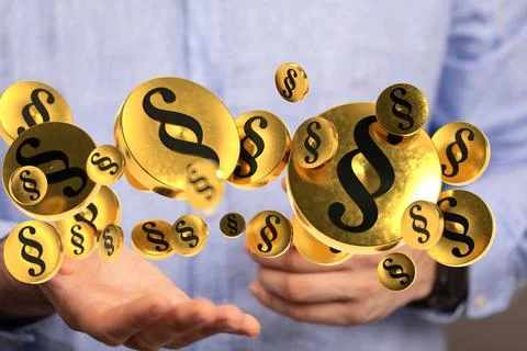 A person presenting the 3D render of paragraph section signs - law and justic Stock Photos