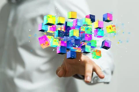 Person presenting a 3D render of polygonal wireframe art - cloud technology Stock Photos