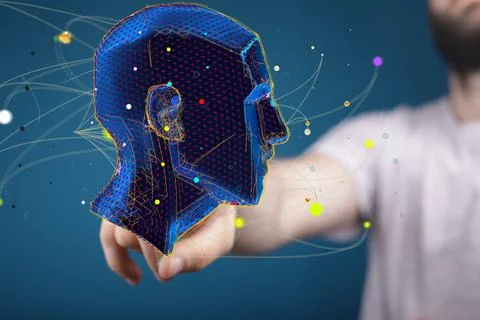 A person presenting 3D render of the polygonal human face - artificial intell Stock Photos
