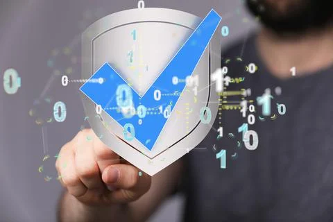 Person presenting the 3D render of security shield and data protection concept Stock Photos