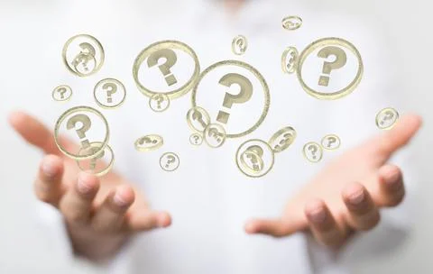 Person presenting the 3D render of solving problems with infinite question marks Stock Photos