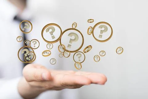 Person presenting the 3D render of solving problems with infinite question marks Stock Photos