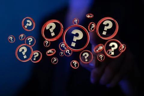 Person presenting the 3D render of solving problems with infinite question marks Stock Photos