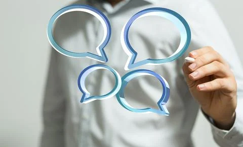 Person presenting a 3D render of speech bubbles - People Chatting Stock Photos