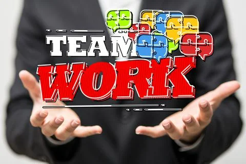 Person presenting a 3D render of Team Work sign Stock Illustration