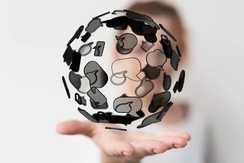 Person presenting a 3D render of word communication with colorful dialog spee Stock Photos