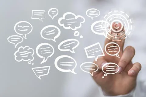 Person presenting a 3D render of word communication with colorful dialog spee Stock Photos