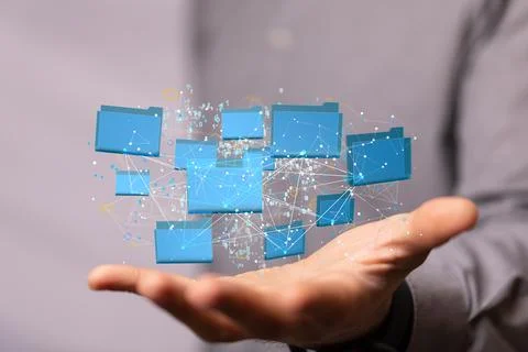 Person presenting a 3D rendered projection of data storage cloud technology Stock Photos