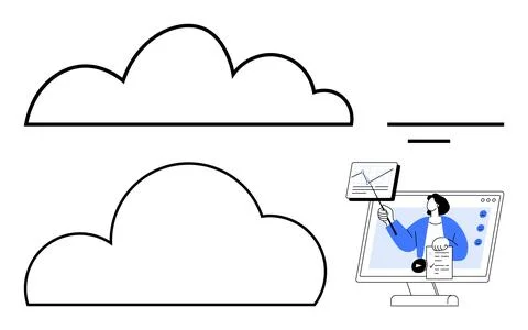 Person presenting analysis on computer screen, large outlined cloud icons, ho Stock Illustration