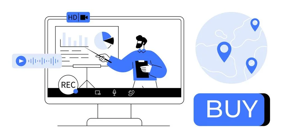 Person presenting analytics on a screen, recording features, audio buttons, a Stock Illustration