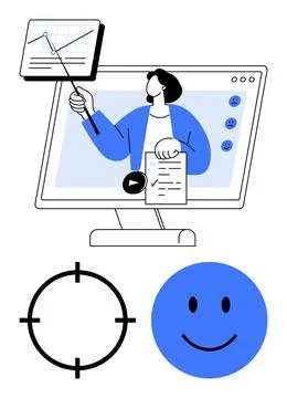 Person presenting data on chart using pointer from desktop screen, smiling fa Illustrazione stock