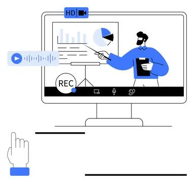 Person presenting data charts on a computer screen with recording, HD video,  Illustrazione stock