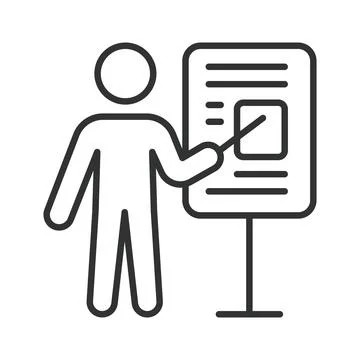 Person presenting at a display board, icon in line design. person with pointer Ilustração Stock