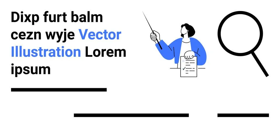 Person presenting document with pointer, magnifying glass, text blocks with p Illustrazione stock