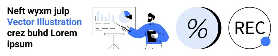 Person presenting financial data using charts and pie graphs. Includes a perc Stock Illustration