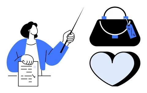Person presenting ideas with document, bag, and heart symbols representing .. Illustrazione stock