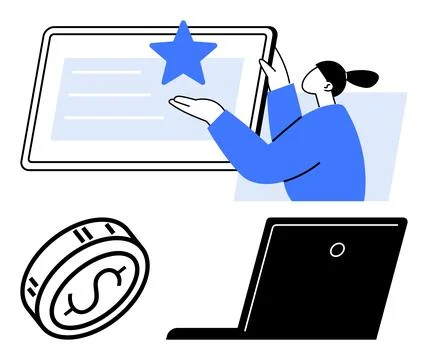 Person presenting tablet content with star, coin, and laptop. Ideal for busin Stock Illustration