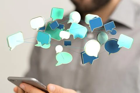 Person presenting the virtual 3D rendered projection of speech bubbles Stock Photos