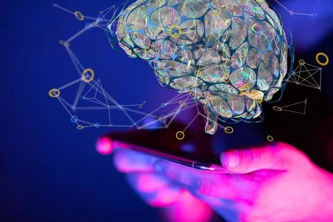 Person presenting the virtual 3D rendered projection of artificial intelligen Stock Photos