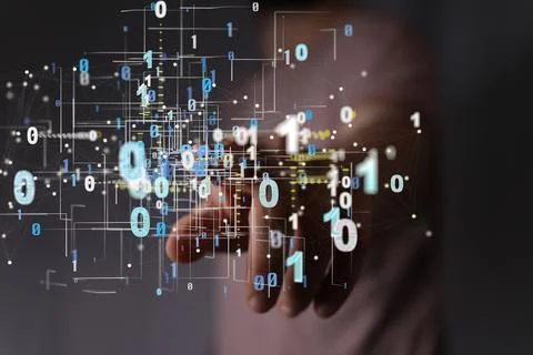 Person presenting the virtual 3D rendered projection of cyberspace and AI Stock Photos