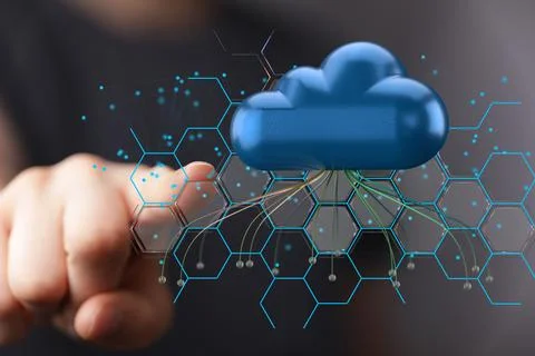 Person presenting the virtual 3D rendered projection of a data cloud 写真素材