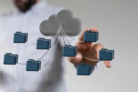 Person presenting a virtual 3D rendered projection of data cloud Stock Photos