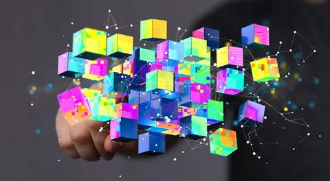 A person presenting a virtual 3D rendered projection of database data and clo Stock Photos